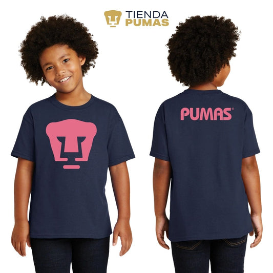 Playera Manga Corta Hombre Pumas Logo Rosa Impresión DTG Azul Marino