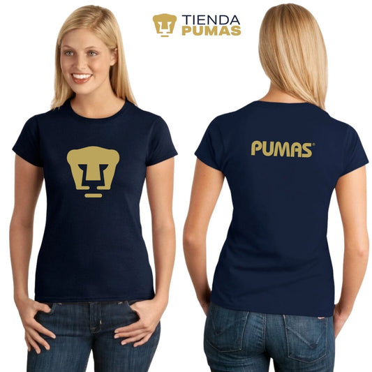 Playera Manga Corta Mujer Pumas Logo Dorado Vinil Azul Marino