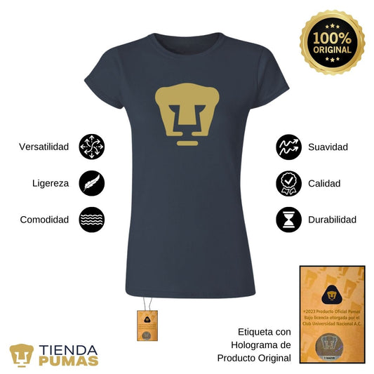 Playera Manga Corta Mujer Pumas Logo Dorado Vinil Azul Marino