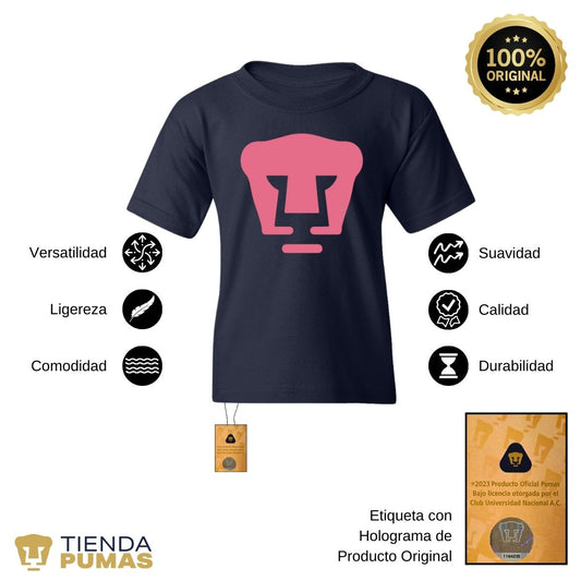 Playera Manga Corta Hombre Pumas Logo Rosa Impresión DTG Azul Marino