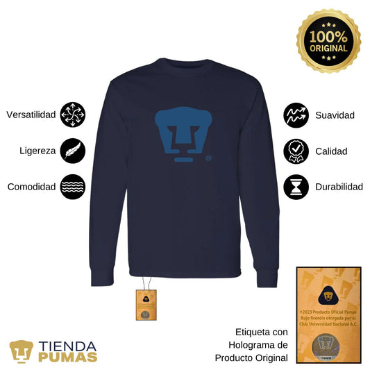 Playera Hombre Pumas UNAM Manga Larga Azul Logo Vinil