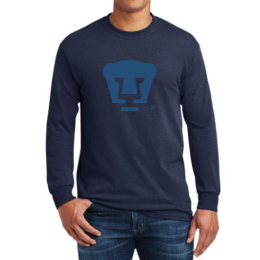 Playera Hombre Pumas UNAM Manga Larga Azul Logo Vinil